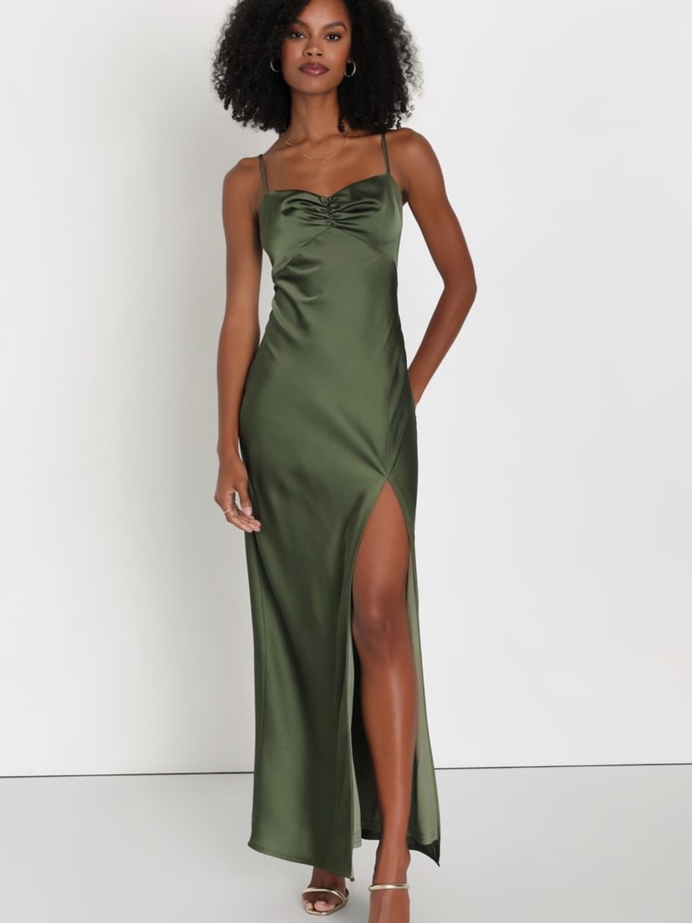 NWT Lulus Serene Beauty Olive Green Satin Backless Maxi Slip Dress M